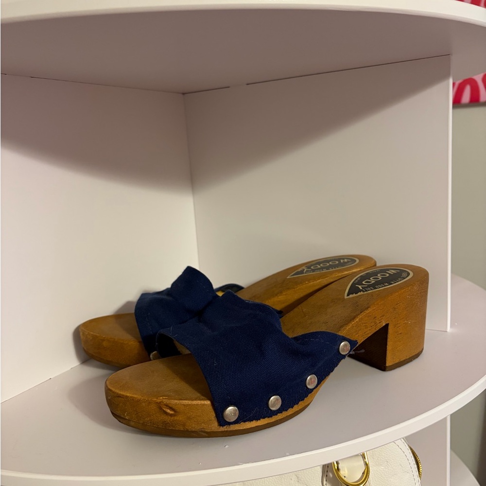 Wooden Heel Navy Mules with Stud Detail